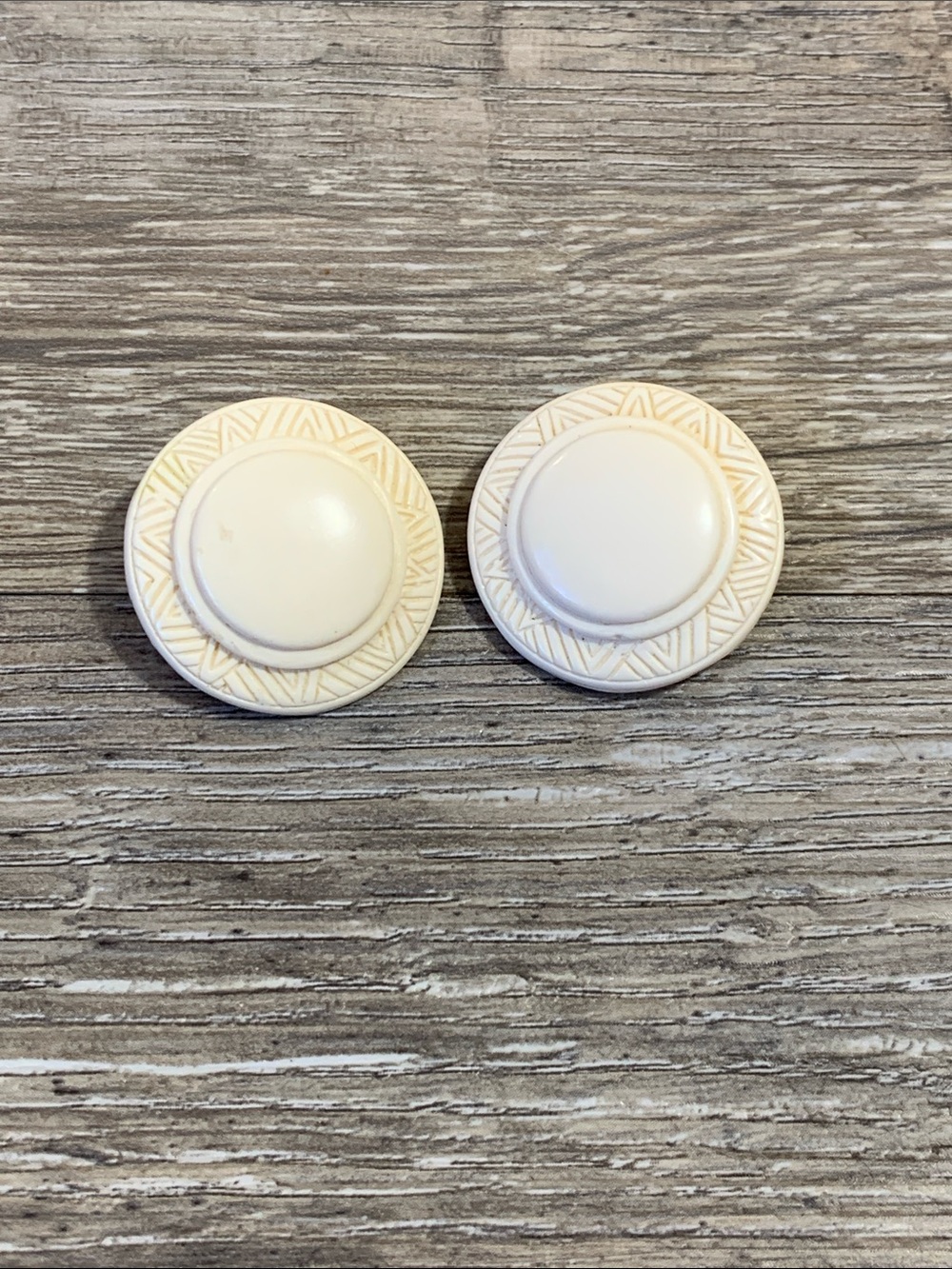 Vintage Round Carved Off White Button Clip Earrings - Pair